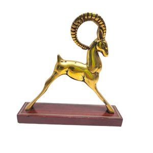 Vintage Brass Gazelle Ram Antelope Statue Figurine Wood Base San Pacific SF